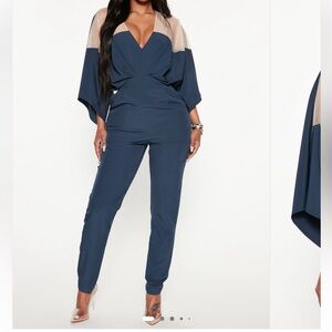 Fashion Nova Navy and Beige Jumpsuit